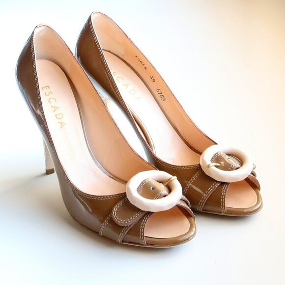 Escada Patent Leather Peep Toe Heels Pumps Designer Formal Dress Shoes Size 8.5 - Picture 16 of 16